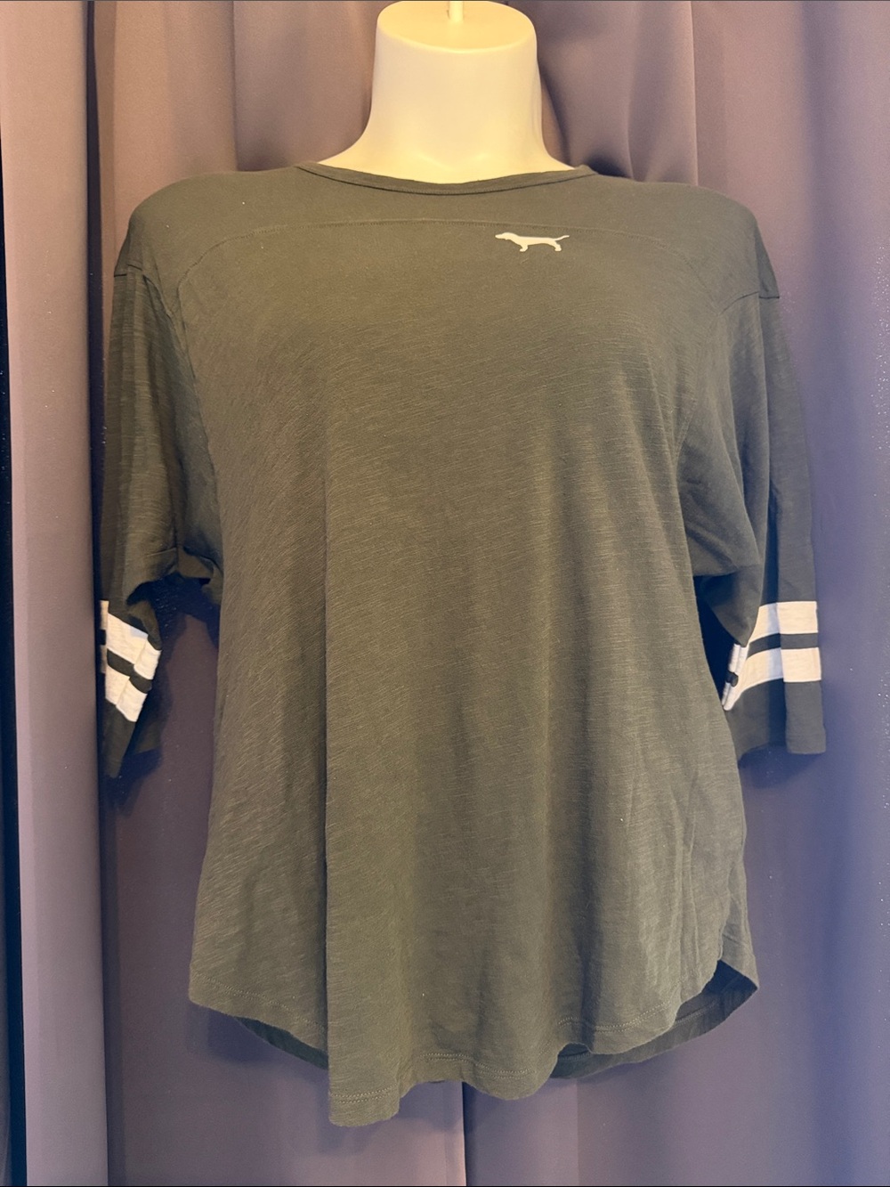 PINK Victoria's Secret Olive Green 3/4 Sleeve Tee with White Sleeve Stripes
